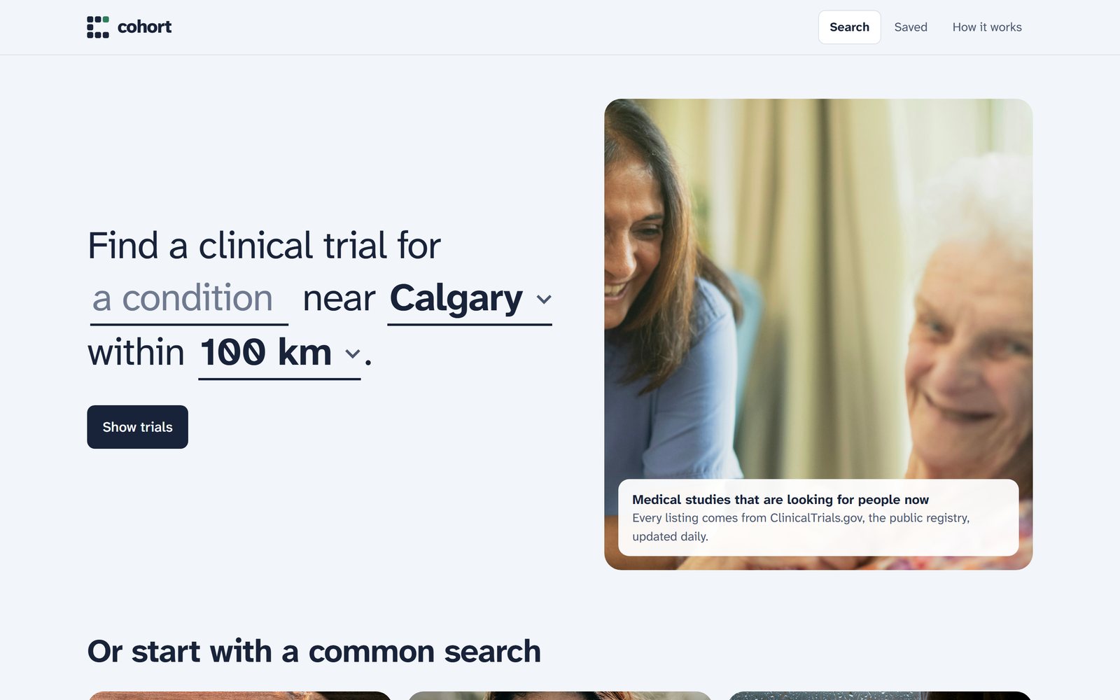 Cohort home: search by condition and location